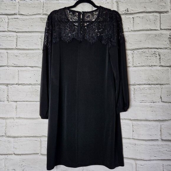 Trucloth Long Sleeve Solid Black Lace Neckline Knee Length Shirt Dress Large LBD - Picture 2 of 11
